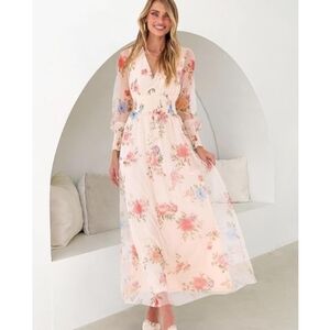 Floral Maxi V Neck Puff Long Sleeve Casual Dress Pink